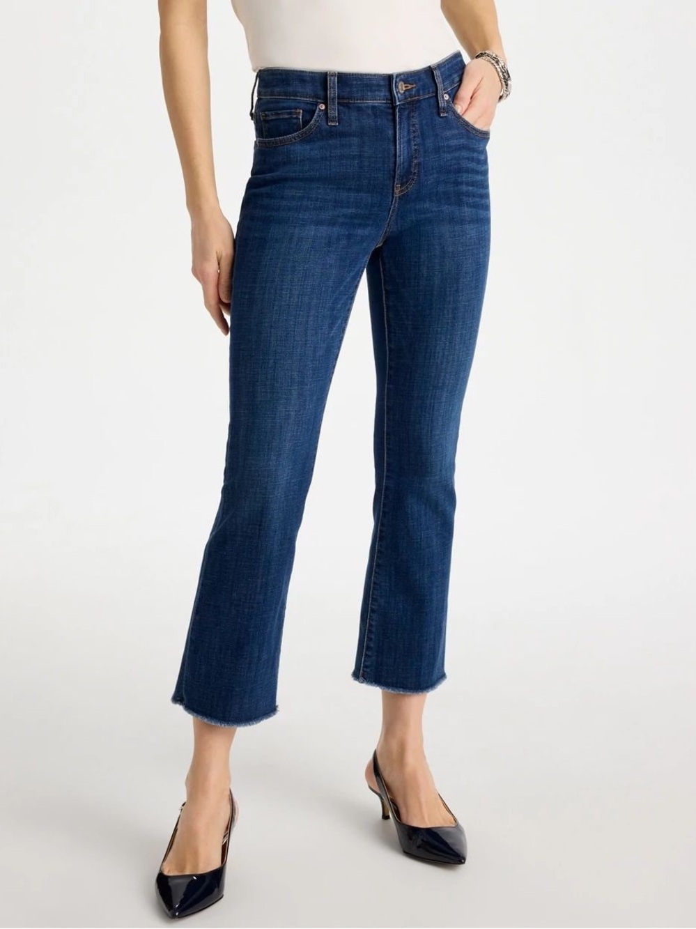 Chico's Kick Flared Dark Blue Jeans with Frayed Hem .05 Size 6